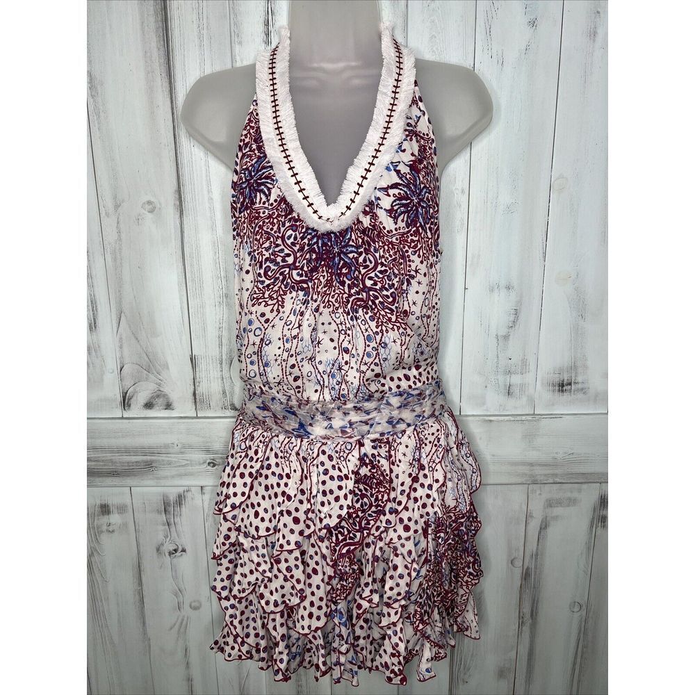 POUPETTE ST BARTH BELINE TIERED RUFFLE BOHO FRINGE MINI DRESS FISH BATIK ROMBO S